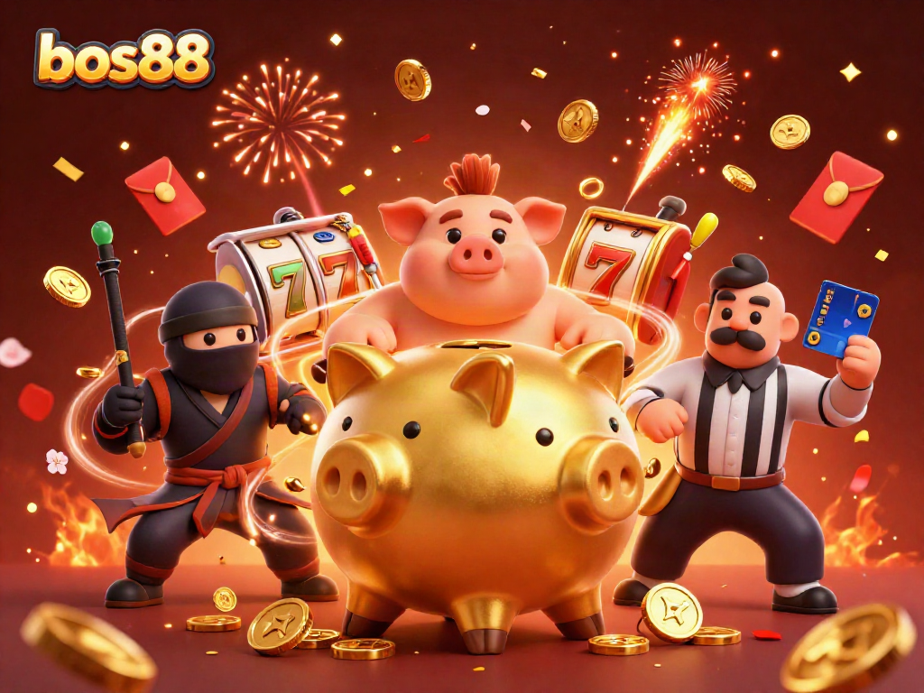 Experience thrilling gameplay at bos88 with dynamic slot gaming surrounded by golden coins and festive fireworks.