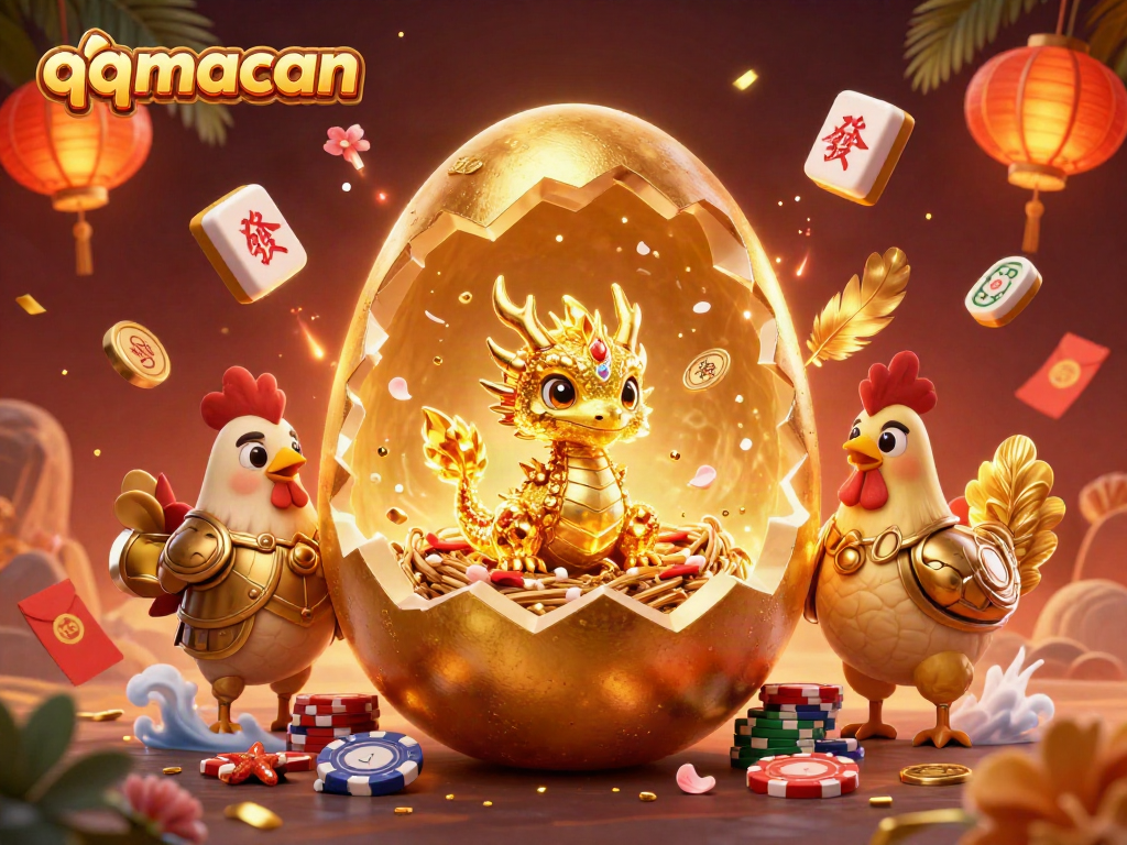 Engage in gaming action with qqmacan's vibrant casino scene featuring a golden egg dragon amidst animated poker chips.