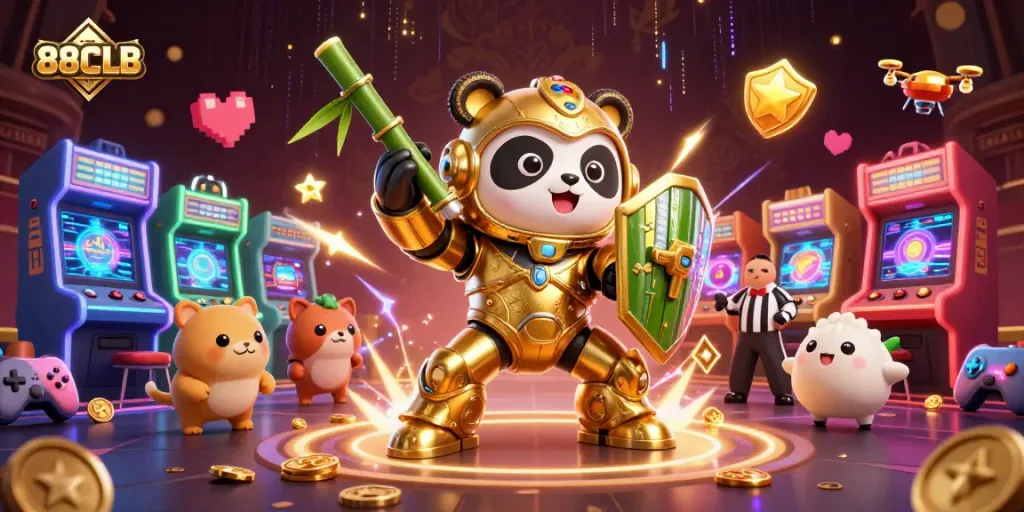 Experience thrilling 88CLB gaming action with a vibrant mech-suit panda battling in a lively arena.