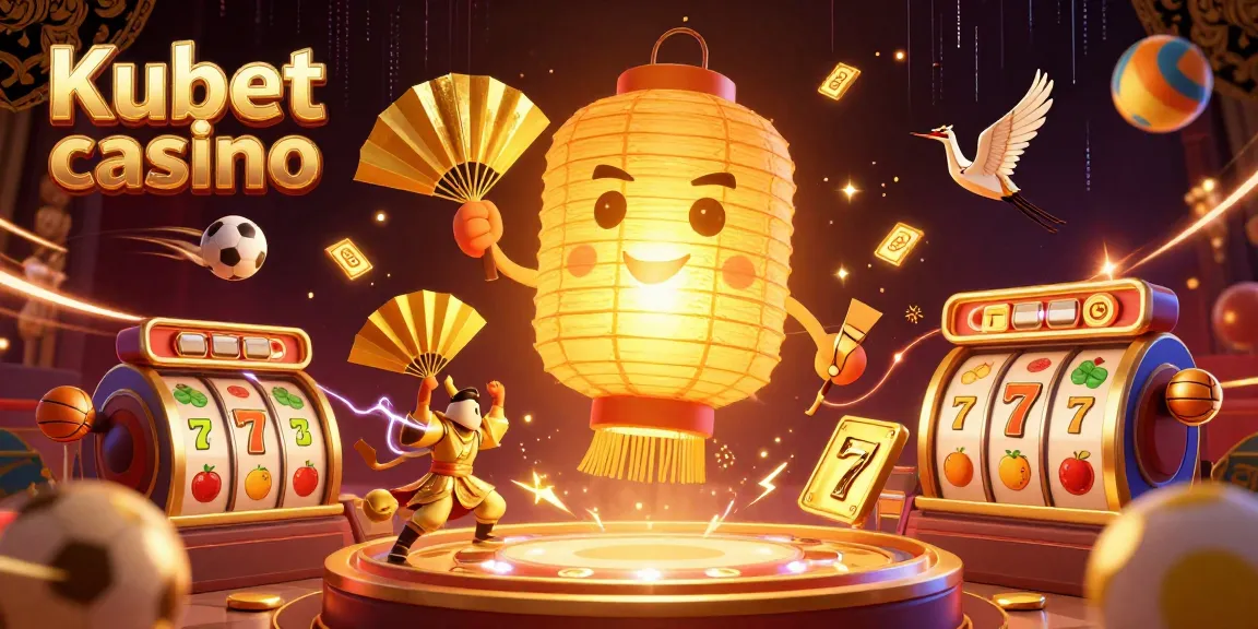Engage with Kubet casino through a vibrant, detailed 3D illustration capturing a magical lantern spirit in a lively gaming scene.