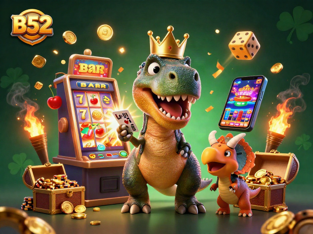 Experience the thrill of the B52 casino adventure with a T-Rex and friends at the slot machine, bursting with jackpots.