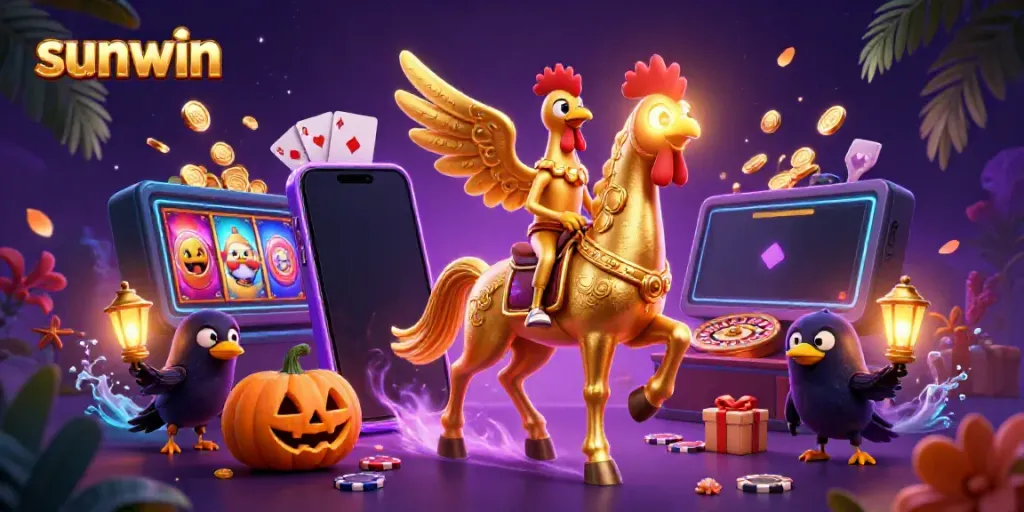 Engage in exciting gaming with sunwin as a golden rooster leads a colorful, lively casino scene.