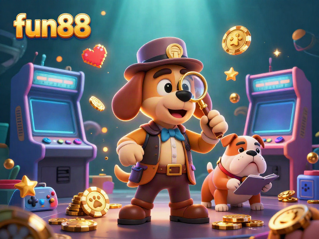 Engage with fun88's vibrant casino world, illustrated in a dynamic 3D scene featuring a bloodhound detective and thriving gaming elements.