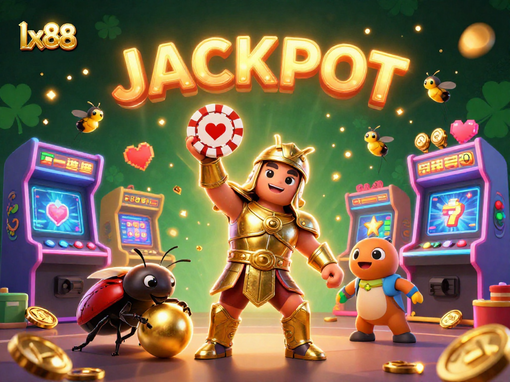 lx88 jackpot scene featuring a heroic beetle and vibrant casino elements, perfect for gamblers.