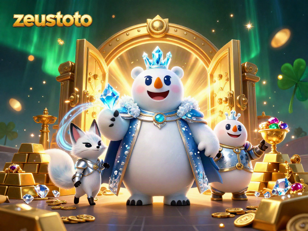 Experience zeustoto's magical gaming world with a polar bear king, treasure, and dazzling gems.