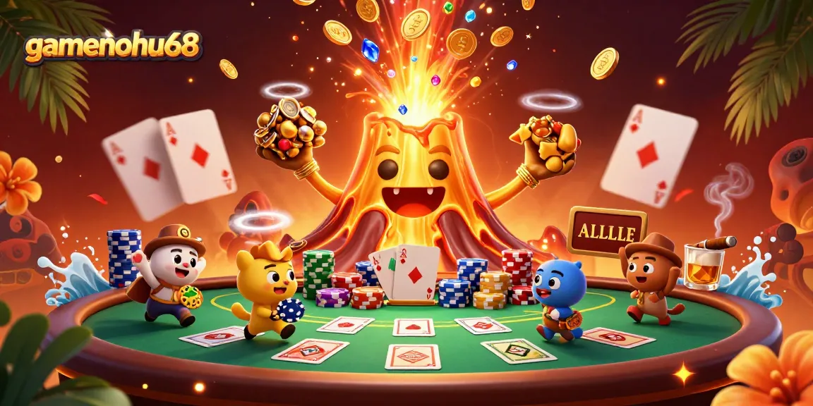 Engage with gamenohu68 through an exciting display of a golden volcano erupting treasure amidst dynamic poker elements.