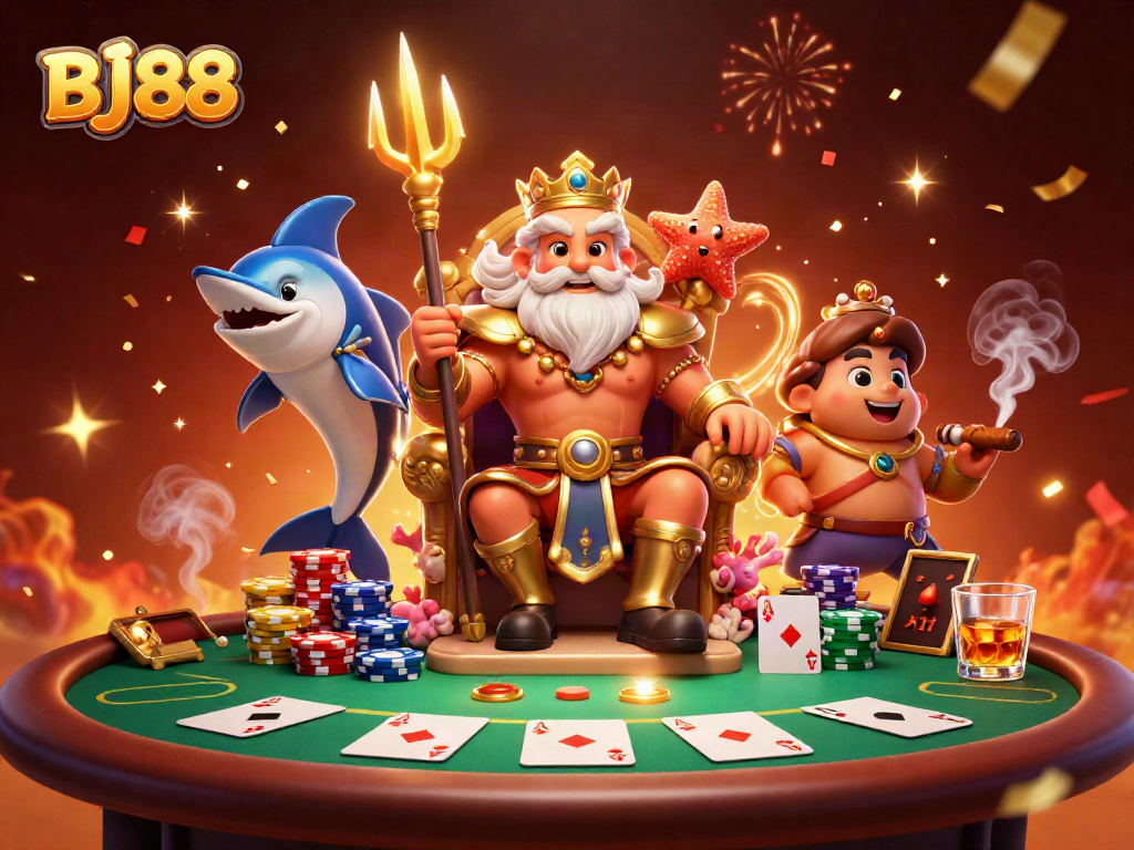 Engage with BJ88 at the casino with Neptune, chips, and winning hands amidst festive confetti.