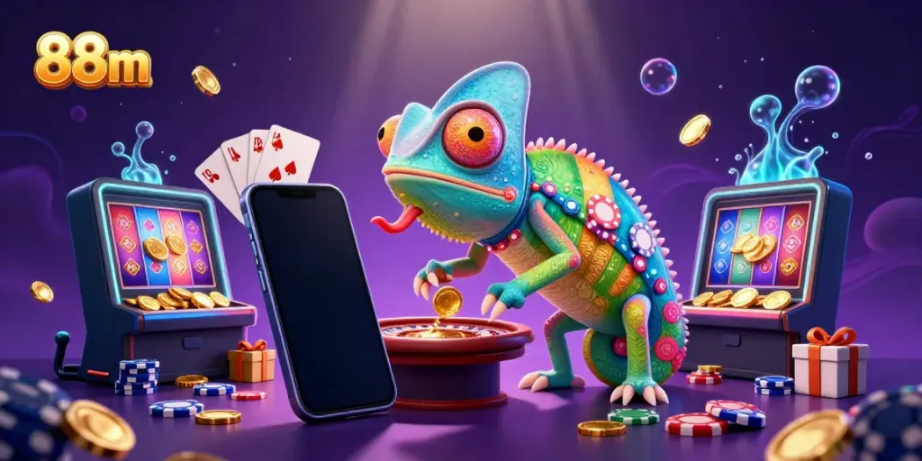 Experience the vibrant 88m online casino scene with a playful chameleon and dynamic gaming elements.