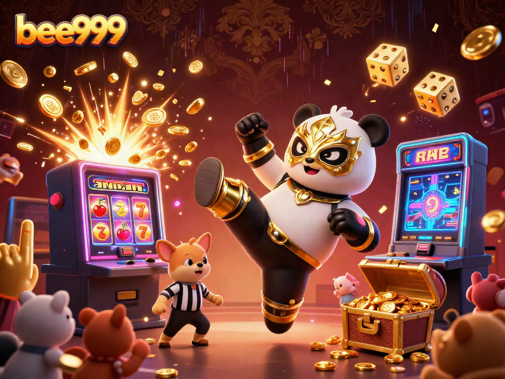 Experience thrilling gameplay with bee999 in a vibrant casino scene featuring a wrestler panda and cheering animal fans.