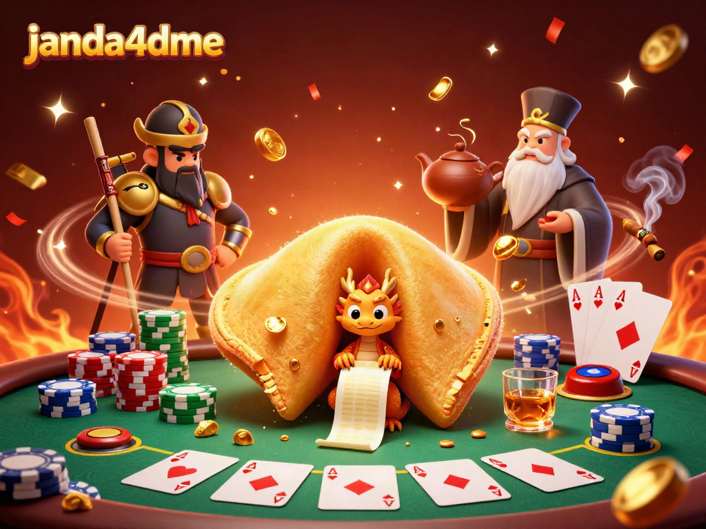 Janda4dme menghadirkan ilustrasi 3D dengan cookie keberuntungan raksasa dan naga bijak dalam semangat perjudian.