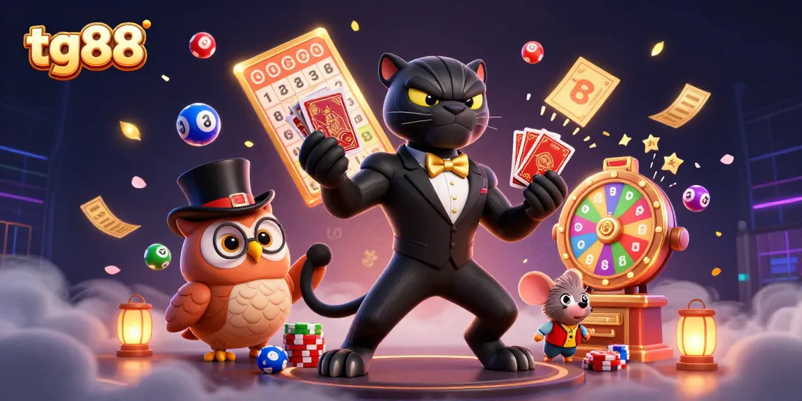 Engage with tg88's vibrant casino scene featuring a stylish panther, charming owl, and lucky mouse amid colorful gambling elements.