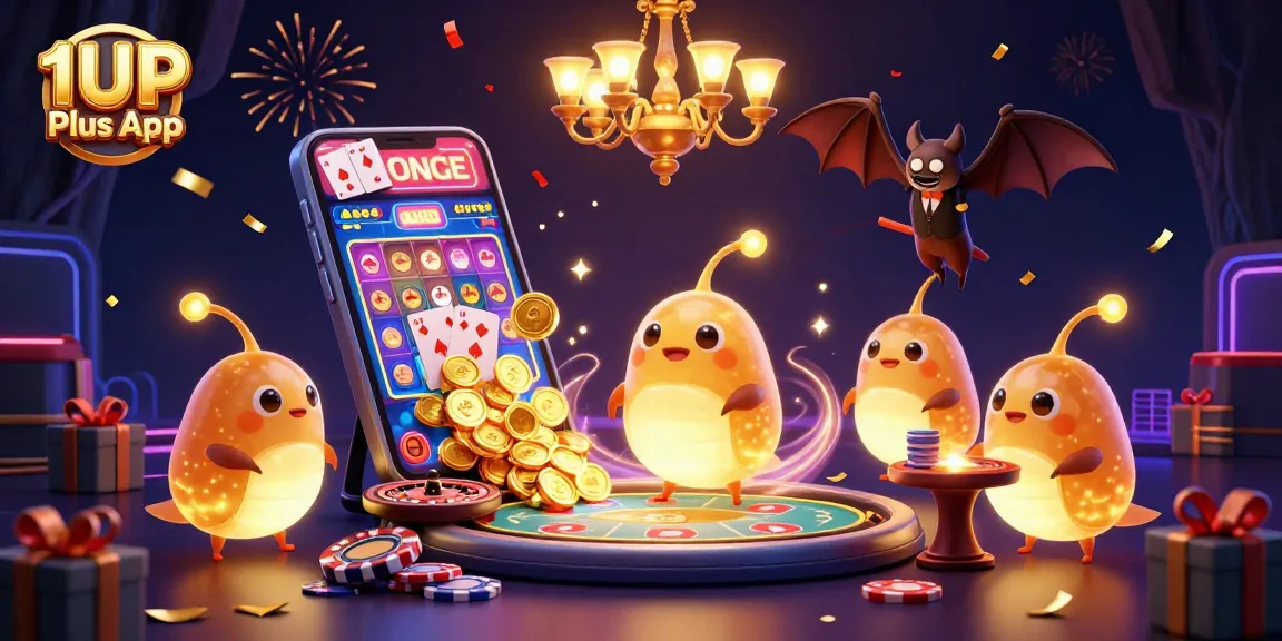 Experience the excitement of the 1UP Plus App with glowing characters lighting up a vibrant casino scene.