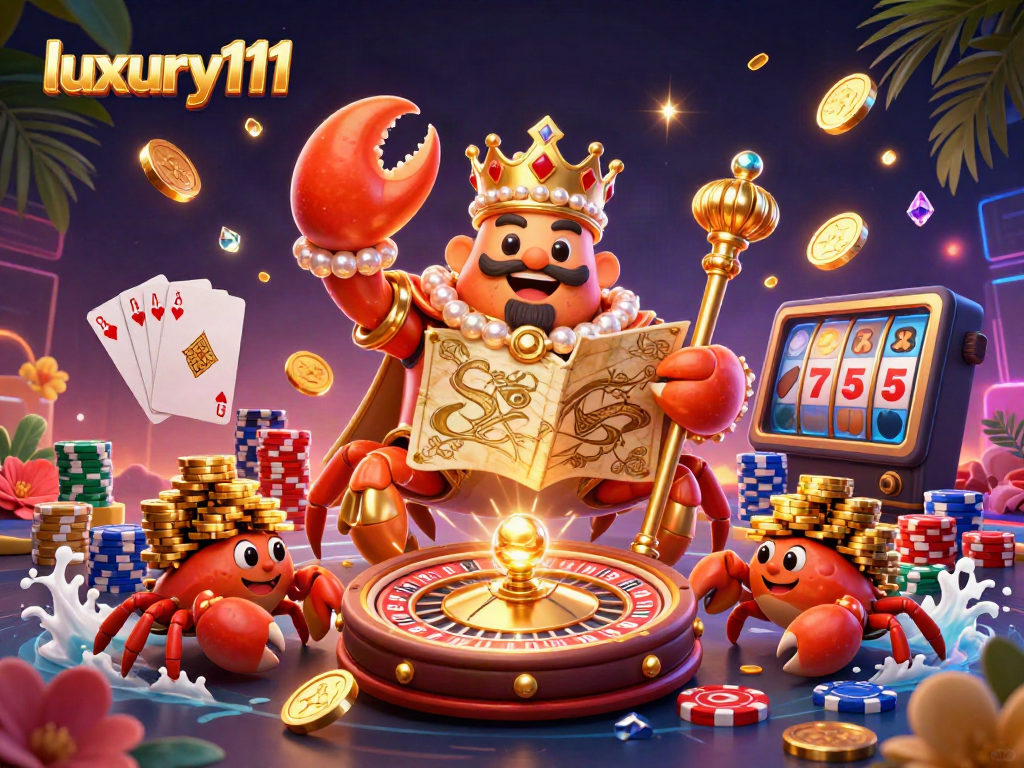 Experience luxury111 with the golden crab emperor amid cascading coins and vibrant gaming elements.