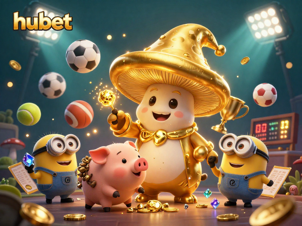 Play exciting games with hubet's magical treasures and vibrant sports elements in a rich illustrated scene.
