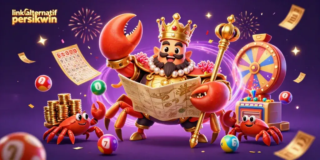 Menangi permainan di link alternatif persikwin dengan ilustrasi raja kepiting emas dan elemen pemenang kasino lainnya.