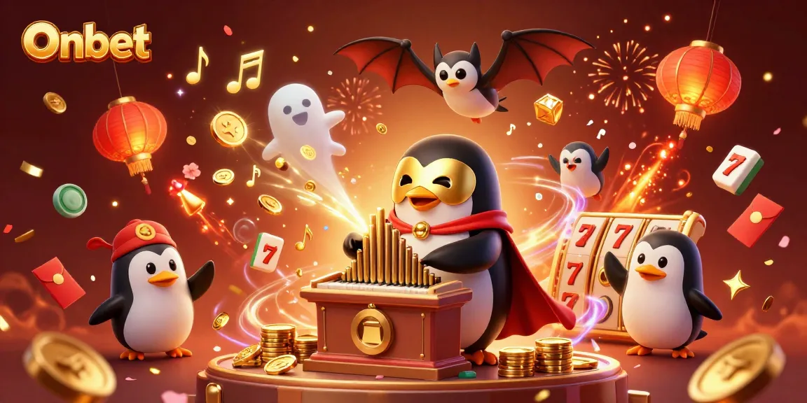 Play slots with Onbet featuring a penguin organist and celebratory elements in vibrant colors.