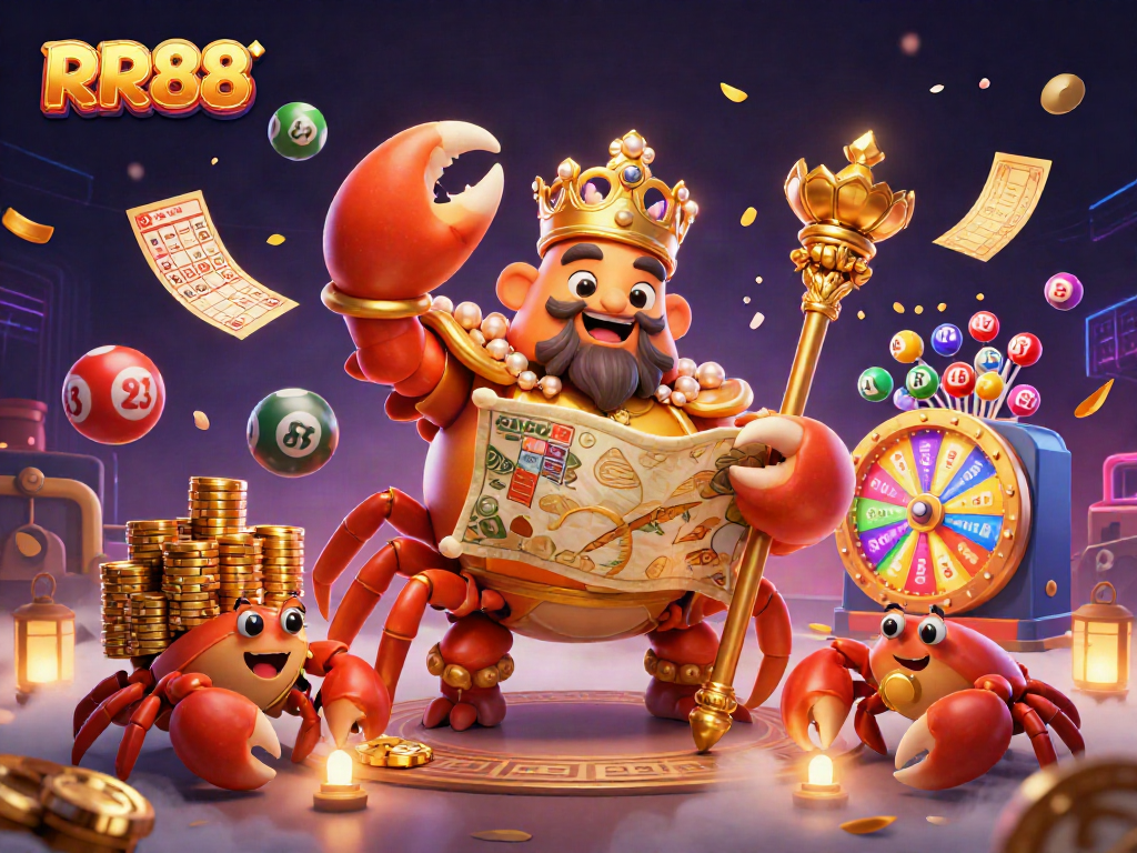 Experience the excitement of RR88 with a golden crab emperor, lottery balls, and vibrant casino elements.