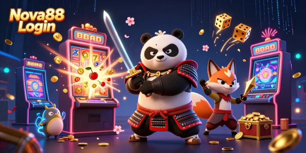 Ninja fox and samurai panda illustrate Nova88 Login with vibrant casino elements and a treasure chest.