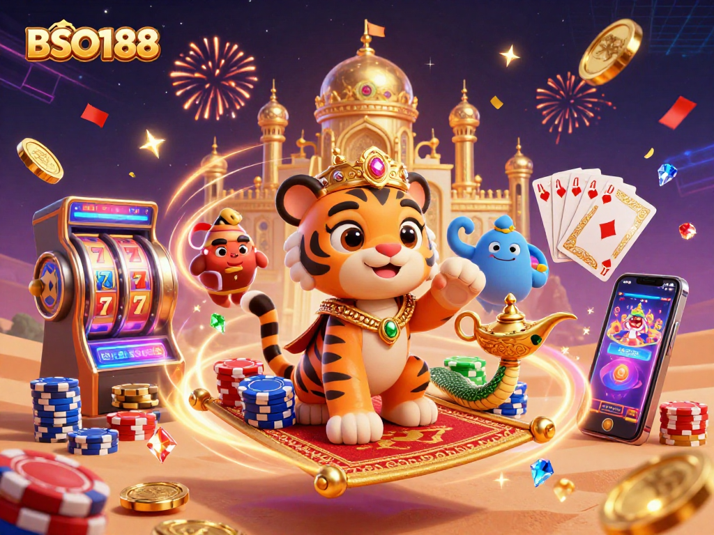 Experience the thrill of BSO188 with dynamic slot reels, colorful poker chips, and magical characters.