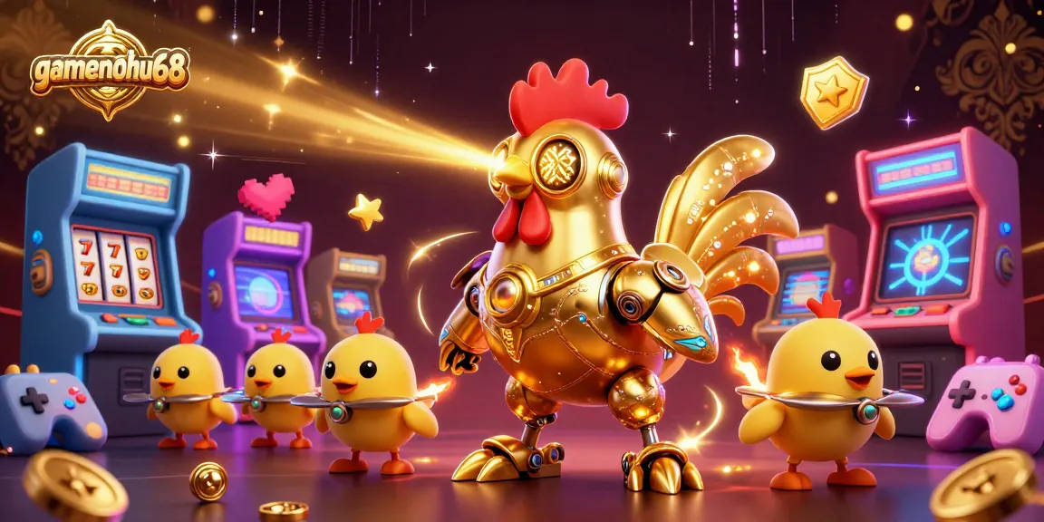 Experience thrilling gameplay at gamenohu68 with a dynamic casino illustration featuring golden rooster robots.