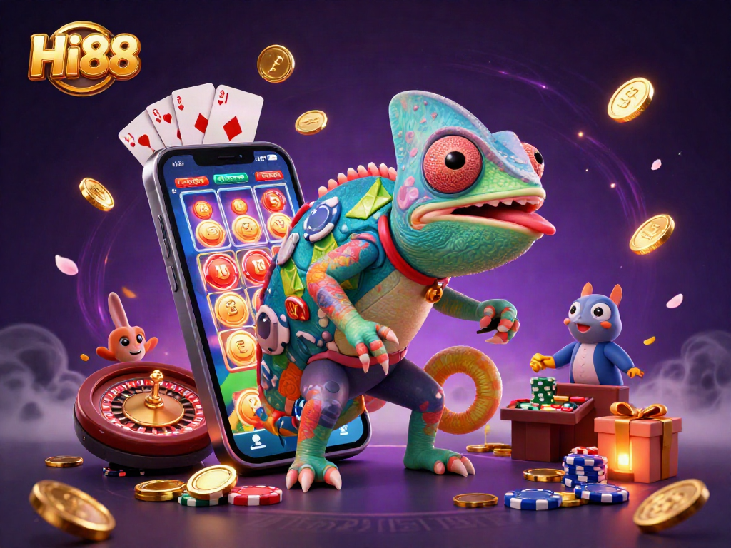 Engage in excitement at Hi88 with a vibrant casino scene featuring a colorful chameleon and immersive gaming elements.