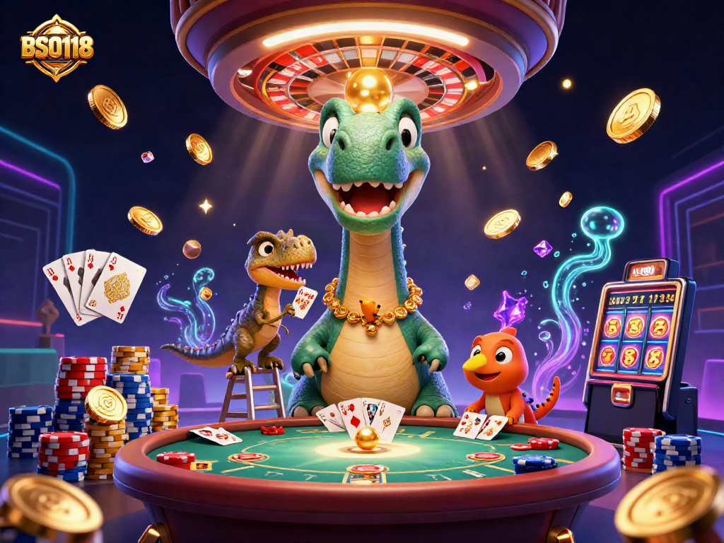 BSO118 showcases a vibrant casino scene with a dinosaur dealer amidst exciting gaming elements.