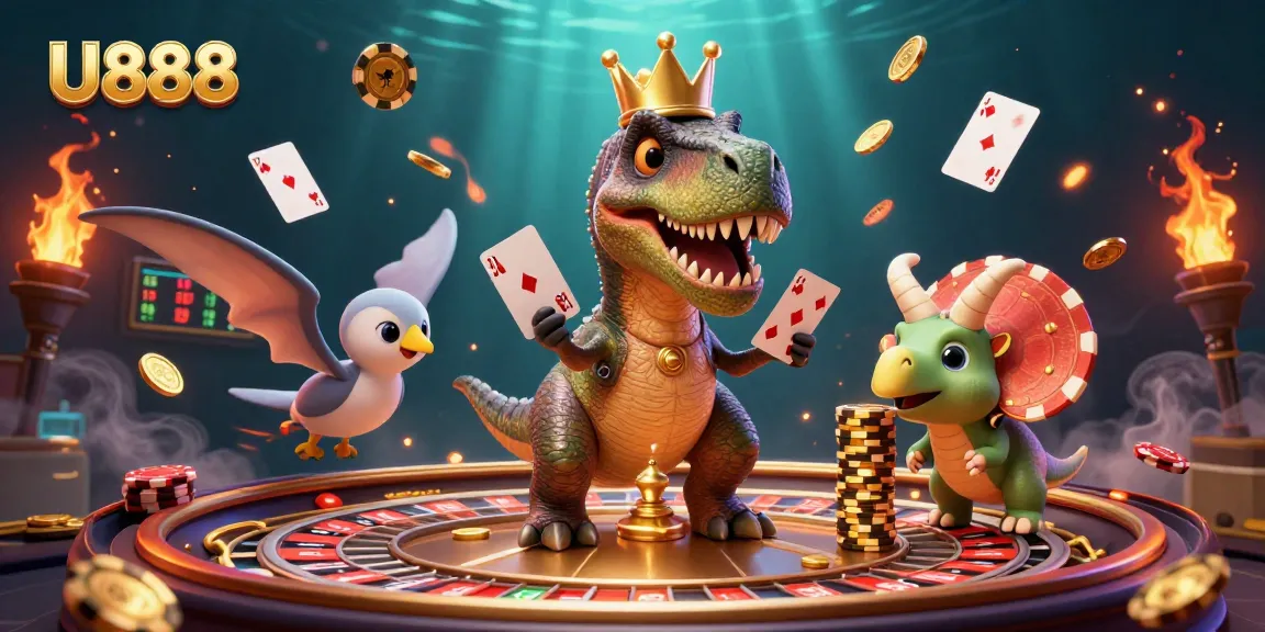 U888 T-Rex shuffling cards with a pterodactyl and triceratops amidst casino elements.