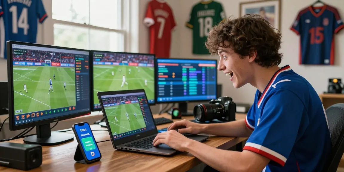 Exciting Österreichische Online Casinos: Duga Istorija Sportskog Klađenja scene with a person analyzing live sports events while betting, showcasing the thrill of online gambling.