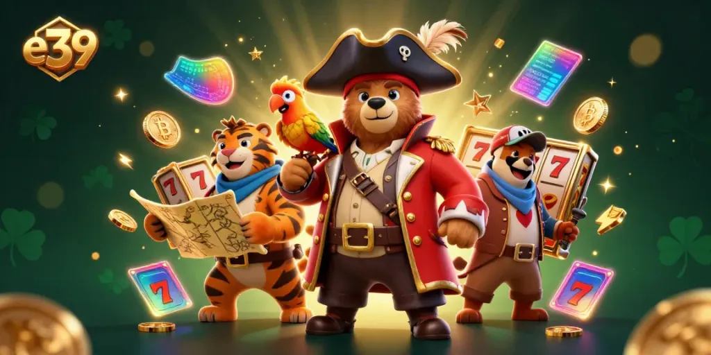 Join the e39 adventure with a pirate bear, fierce tiger, and a treasure map in a casino atmosphere.
