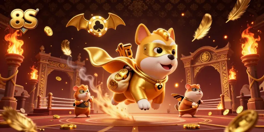 Experience thrilling moments of 8S gaming with a flying dog and hamster in this vibrant casino-themed illustration.