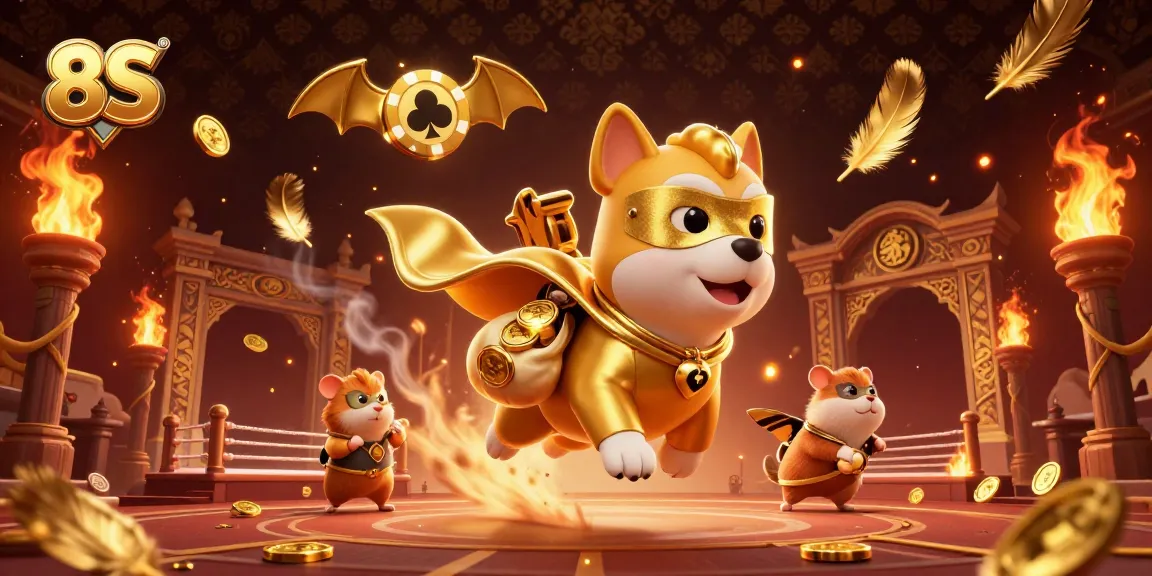 Experience thrilling moments of 8S gaming with a flying dog and hamster in this vibrant casino-themed illustration.