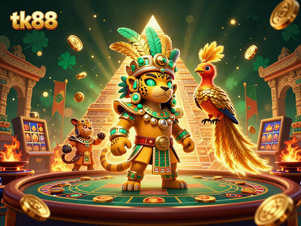 Play exciting casino games with tk88 in a vibrant, richly detailed 3D scene highlighting entertainment.