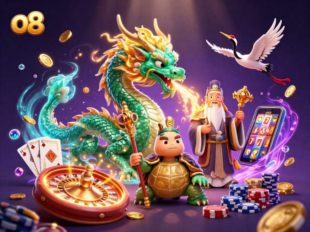 Experience thrilling moments with o8 as a mystical dragon, wise sage, and lucky cranes celebrate a vibrant casino scene.