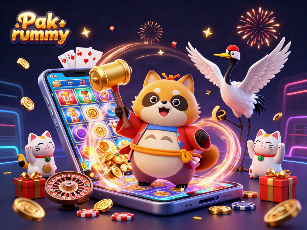 Engage with Pak rummy as the cheerful tanuki and friends celebrate winning in this vibrant illustration.