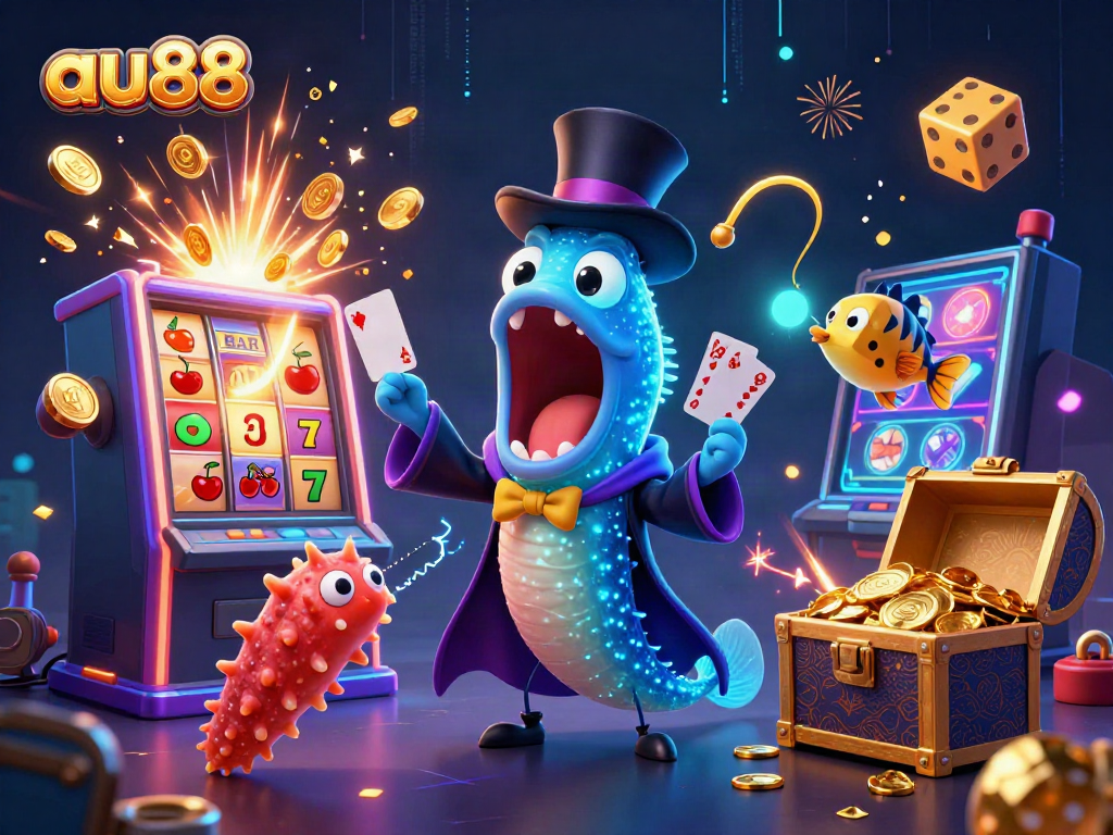 Engage in thrilling actions at au88 with an enchanting scene of a deep-sea eel magician, showcasing card tricks amidst dynamic casino elements.