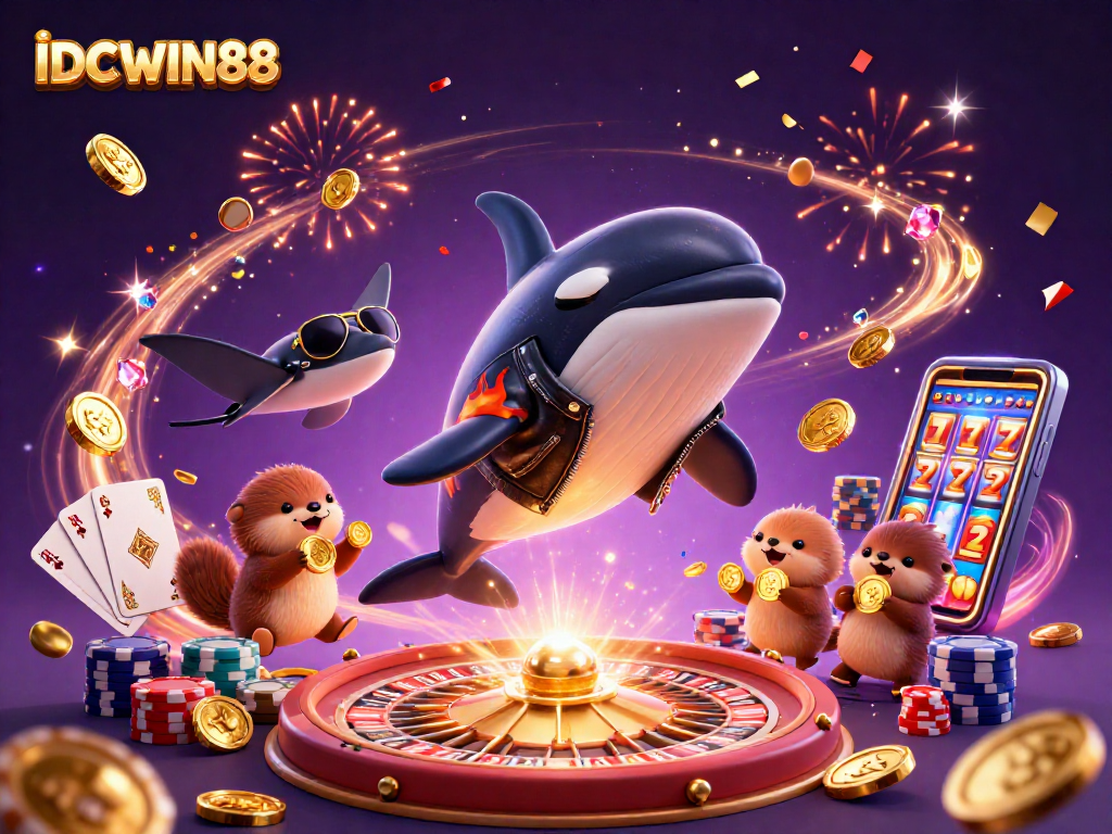 Engage with the vibrant online gaming adventure of IDCWIN88 featuring dynamic characters and casino elements.
