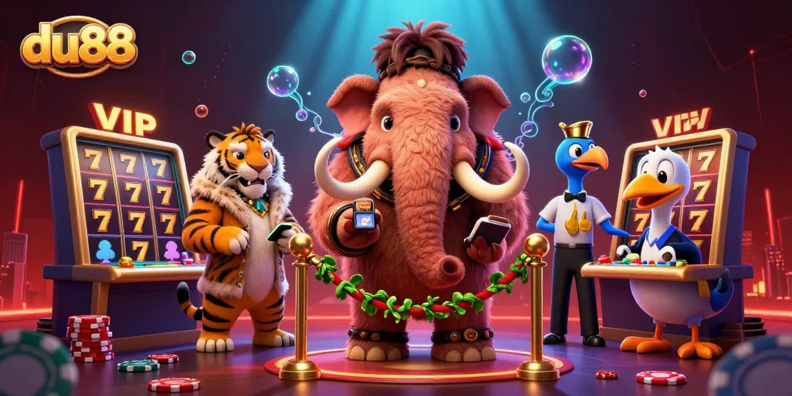 Experience thrilling du88 action with a woolly mammoth bouncer and saber-tooth tiger in a vibrant casino scene.