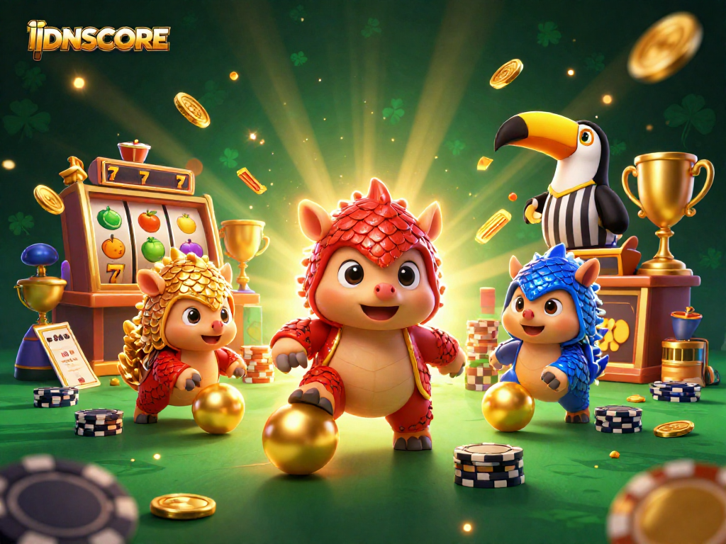 IDNSCORE showcases a thrilling slot adventure with rival pangolins and vibrant gaming elements.