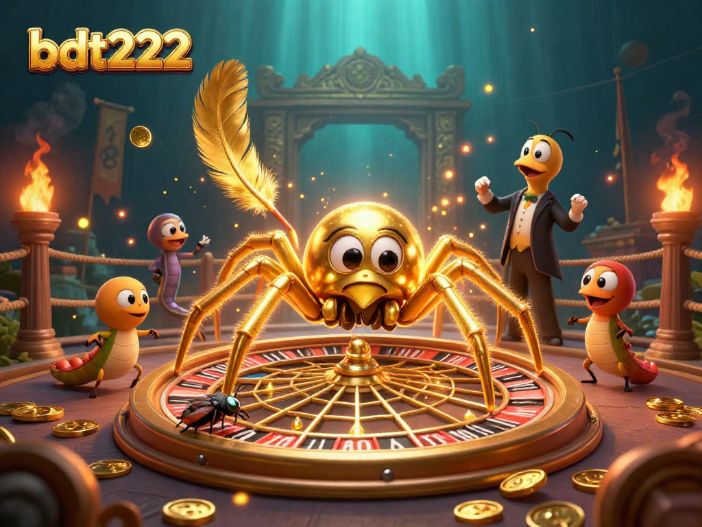 Engage with the bdt222 roulette table scene, featuring a golden web spun by characters amid vibrant casino elements.