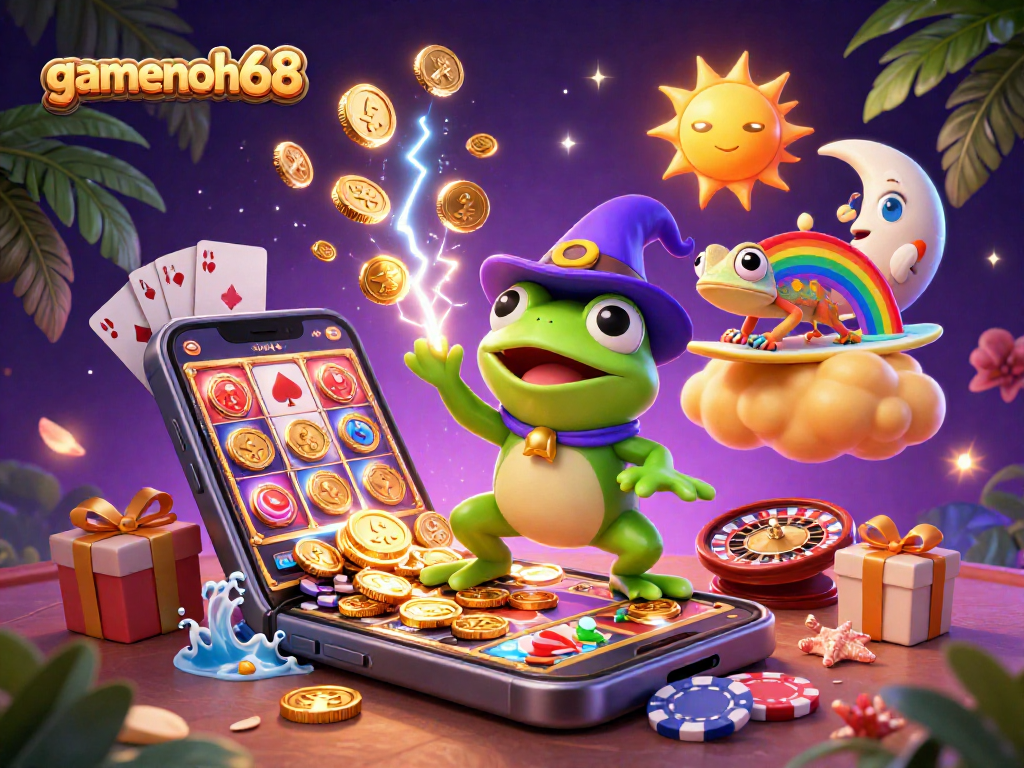 Experience thrilling wins with gamenohu68 as wizard frog and chameleon surf golden clouds amidst vibrant casino games.