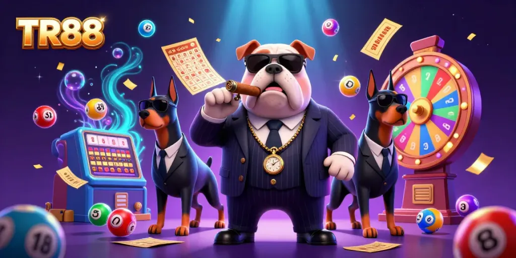 Experience thrilling gameplay with TR88 in a vibrant 3D casino scene featuring lottery elements and energetic characters.