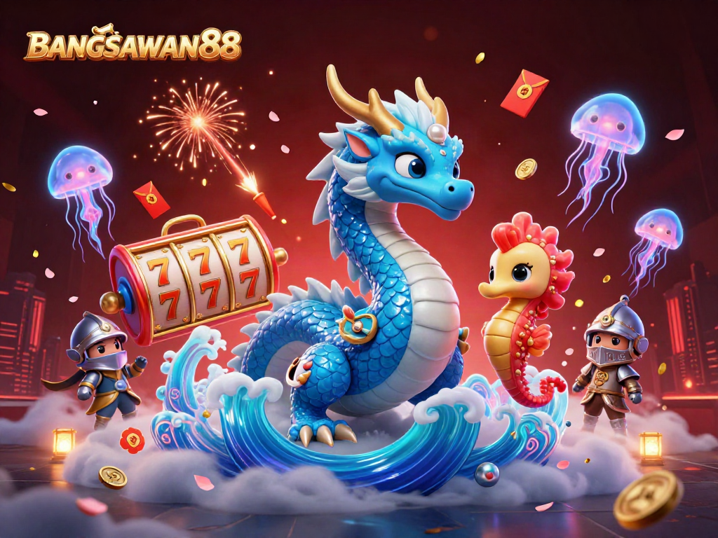 BANGSAWAN88 brings excitement with colorful slot reels, a mythical dragon, and glowing jellyfish in a dynamic casino scene.
