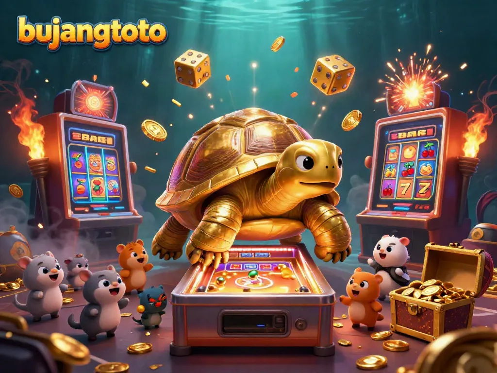 Bujangtoto brings joy with a giant tortoise-themed pinball game alongside thrilling slot machines and vibrant casino elements.