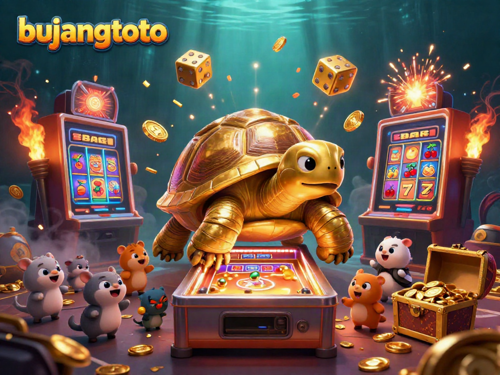 Bujangtoto brings joy with a giant tortoise-themed pinball game alongside thrilling slot machines and vibrant casino elements.