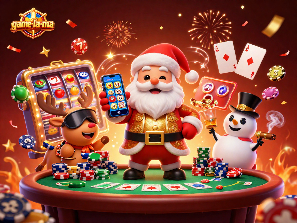 Join the fun at game-la-ma with Santa and friends celebrating jackpot wins in this vibrant casino scene.