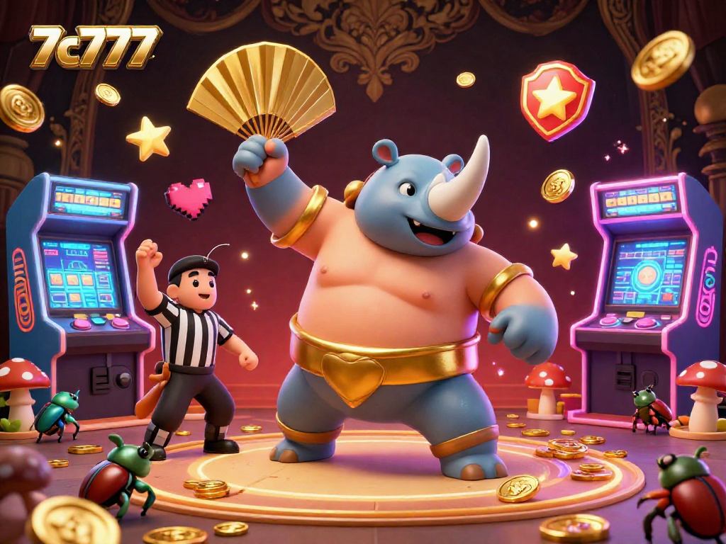 Watch the 7c777 rhinoceros beetle sumo champion stomp for coins in this vibrant casino illustration.