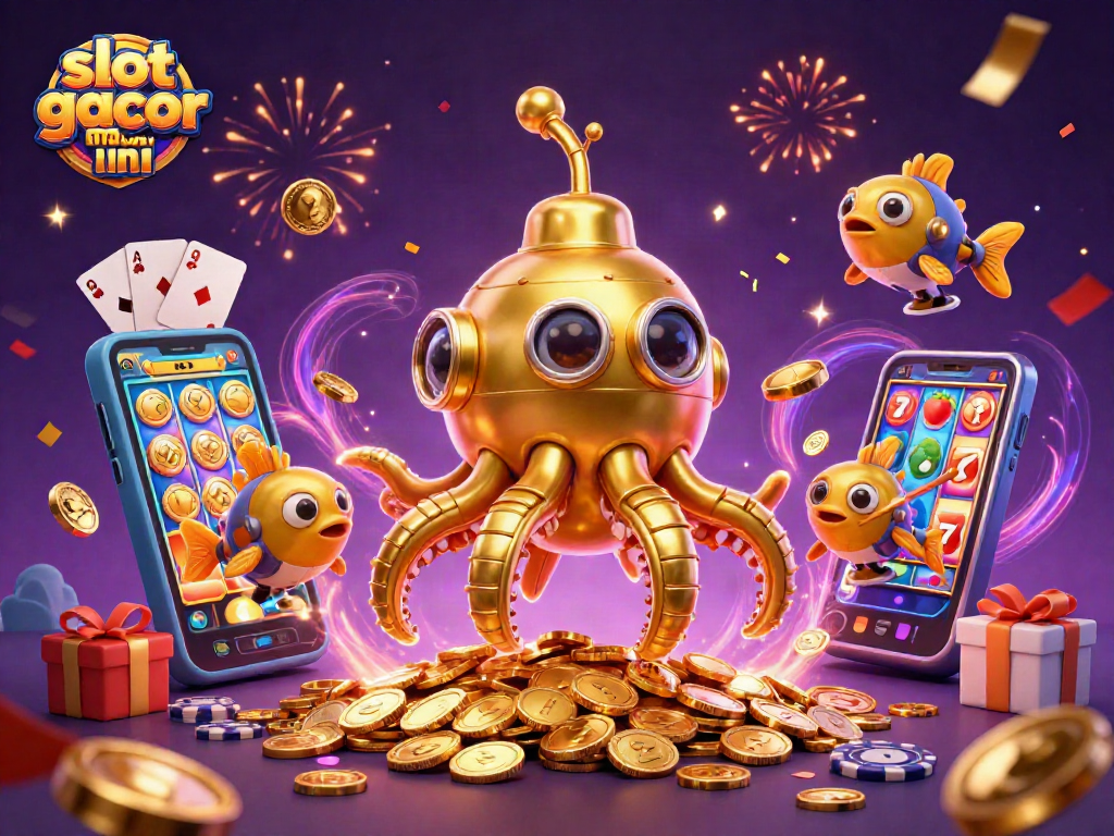 Bermain slot gacor malam ini dalam ilustrasi 3D penuh warna dengan karakter kraken berlayar di lautan koin emas.