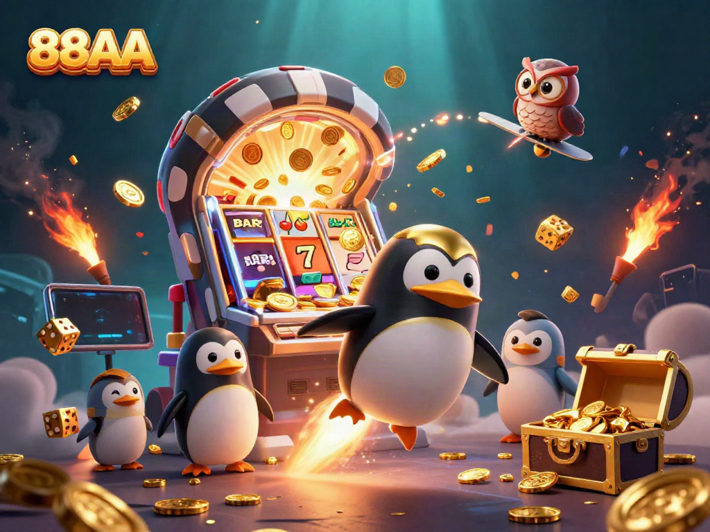 Experience the excitement of 88AA's virtual casino world with a golden penguin and dazzling moments.