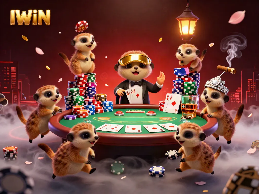 IWIN casino scene with meerkats running a vibrant operation, surrounded by poker tables and colorful chips.