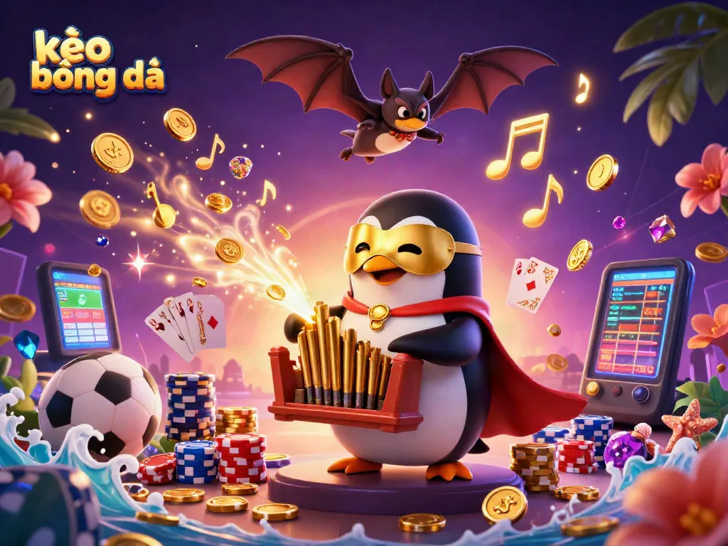 Engaging illustration of kèo bóng đá with a penguin playing an organ shooting coins and acrobatic elements